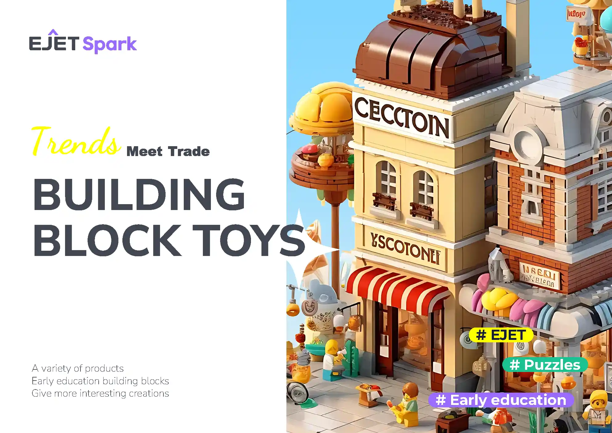 EJET Spark building block toys catalog cover showing a detailed European street-scene brick set with shops and minifigures