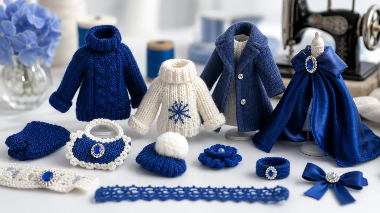 High-end handmade Labubu doll clothes arranged in a studio flat-lay of miniature knitted sweaters and tailored coats