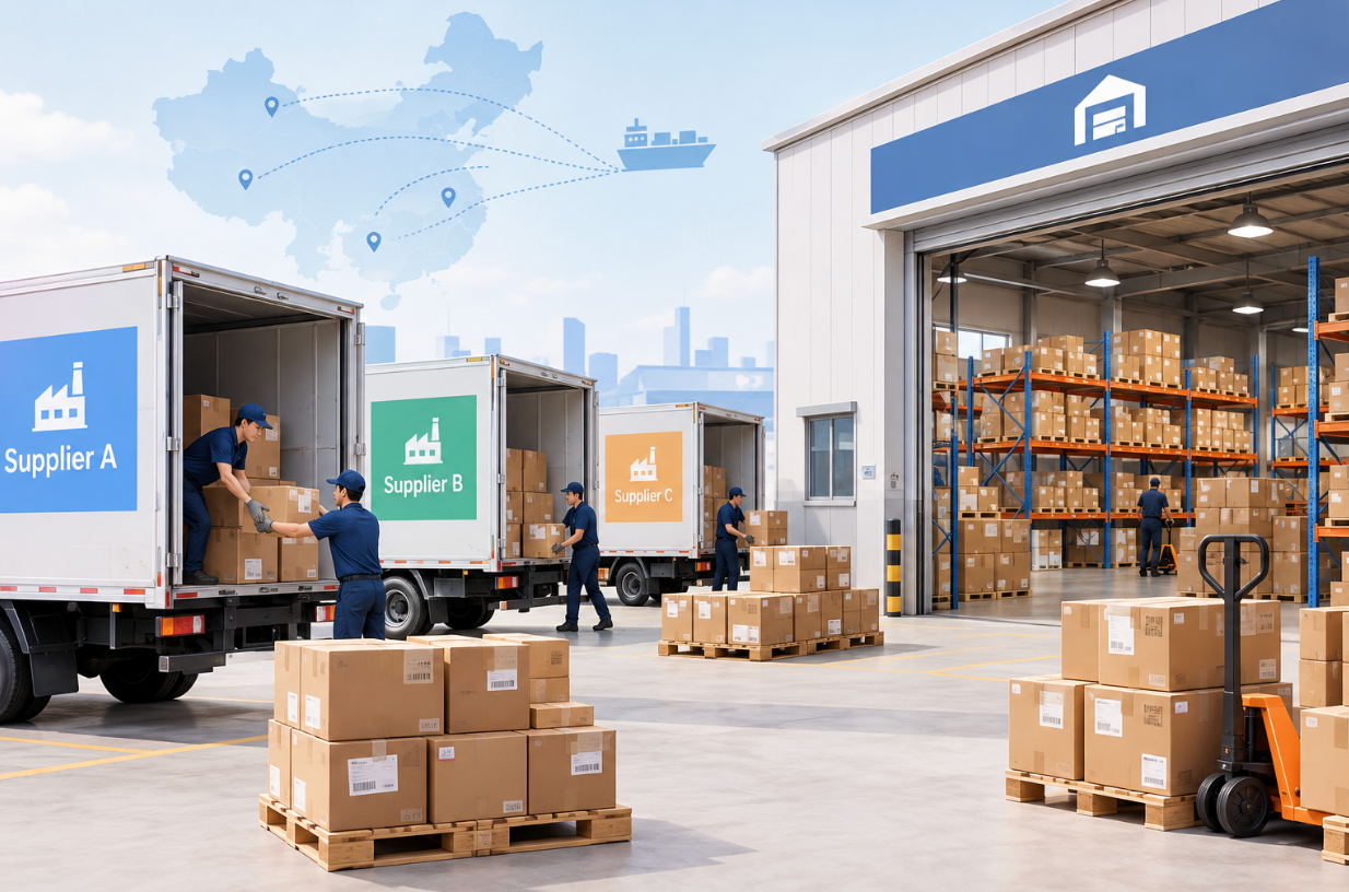 Freight consolidation service: goods from multiple Chinese suppliers delivered to warehouse for combined shipment